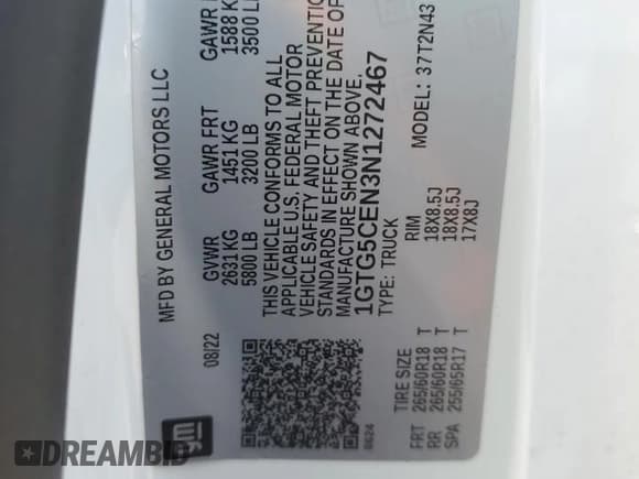 ✅ 2022 GMC Canyon 2WD Elevation • VIN: 1GTG5CEN3N1272467 • Lot: 89574555. Listed on Copart with 64,906 mi. Free auction sales archive from the USA and detailed vehicle history report at DreamBid. Image 13.