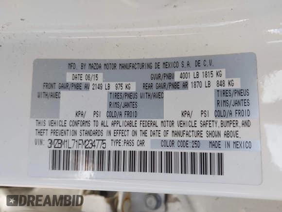 ✅ 2015 Mazda 3 i Touring • VIN: 3MZBM1L71FM234775 • Lot: 42805225. Listed on IAAI with 141,893 mi. Free auction sales archive from the USA and detailed vehicle history report at DreamBid. Image 9.