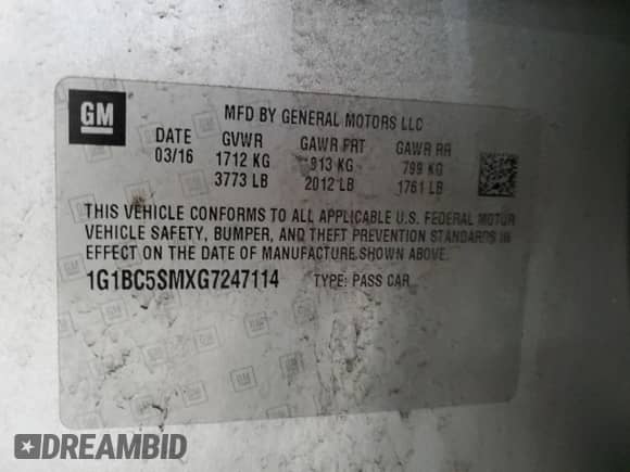 ✅ 2016 Chevrolet Cruze LS • VIN: 1G1BC5SMXG7247114 • Лот: 80711665. Опубликован ранее на Copart с пробегом 210 391 миль. Бесплатный доступ к архиву аукционных продаж из США и подробный отчёт об истории автомобиля на DreamBid. Изображение 12.