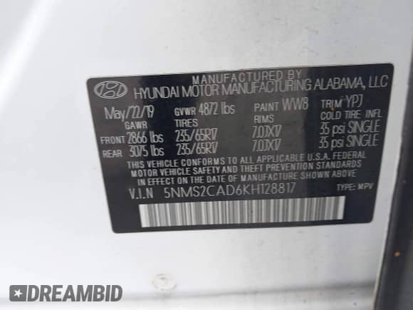 2019 Hyundai Santa Fe SE z VIN 5NMS2CAD6KH128817, wystawiony jako IAAI lot #43140291 z przebiegiem 111 336 mil mil oraz . Historia ofert i sprzedaży dostępna na DreamBid. Obrazek 9.