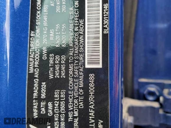 ✅ 2024 VinFast VF 8 Plus • VIN: RLLV1AFAXRH008488 • Lot: 95747735. Wystawiony na Copart z przebiegiem 7 148 mil. Bezpłatny archiwum sprzedaży aukcyjnych z USA i szczegółowy raport historii pojazdu na DreamBid. Zdjęcie 12.