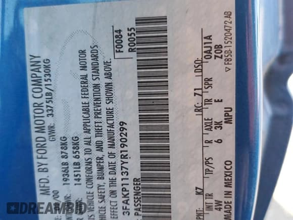 ✅ 2000 Ford Escort ZX2 • VIN: 3FAKP1137YR190299 • Lot: 43616045. Listed on Copart with 34,552 mi. Free auction sales archive from the USA and detailed vehicle history report at DreamBid. Image 14.