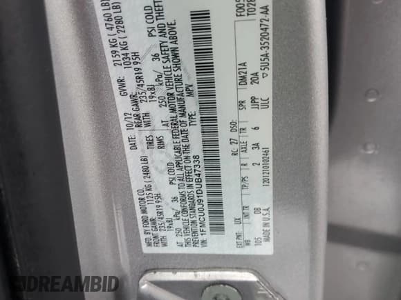 ✅ 2013 Ford Escape Titanium • VIN: 1FMCU0J91DUB47338 • Lot: 84555385. Listed on Copart with 204,253 mi. Free auction sales archive from the USA and detailed vehicle history report at DreamBid. Image 12.