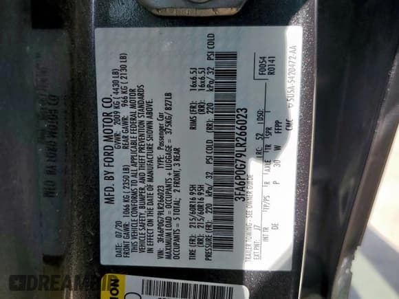 ✅ 2020 Ford Fusion S • VIN: 3FA6P0G79LR266023 • Lot: 83964975. Listed on Copart with 129,385 mi. Free auction sales archive from the USA and detailed vehicle history report at DreamBid. Image 12.