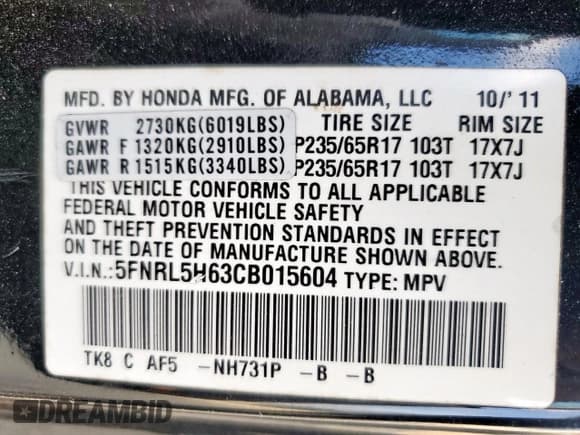 ✅ 2012 Honda Odyssey EX-L • VIN: 5FNRL5H63CB015604 • Lot: 93469505. Listed on Copart with 199,276 mi. Free auction sales archive from the USA and detailed vehicle history report at DreamBid. Image 13.