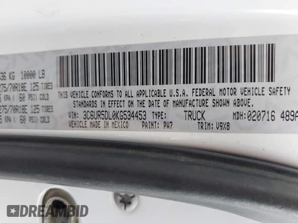 ✅ 2019 Ram 2500 Big Horn • VIN: 3C6UR5DL0KG534453 • Lot: 43661558. Listed on IAAI with 101,135 mi. Free auction sales archive from the USA and detailed vehicle history report at DreamBid. Image 9.