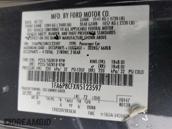 ✅ 2022 Ford Mustang GT • VIN: 1FA6P8CFXN5123597 • Lot: 85895555. Listed on Copart with 50,376 mi. Free auction sales archive from the USA and detailed vehicle history report at DreamBid. Image 13.