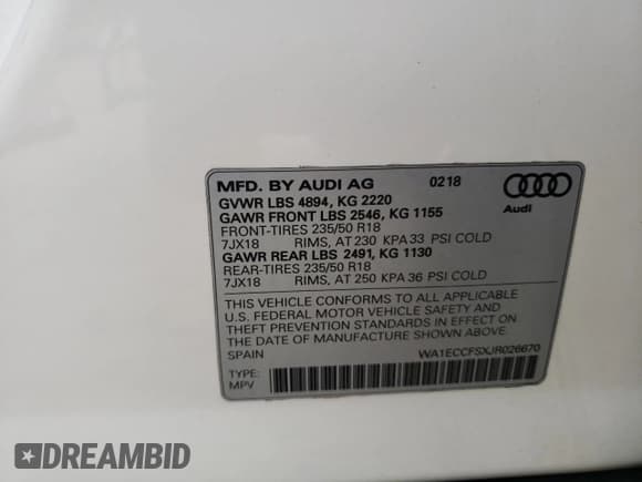 ✅ 2018 Audi Q3 Premium • VIN: WA1ECCFSXJR026670 • Lot: 68262515. Wystawiony na Copart z przebiegiem 61 352 mil. Bezpłatny archiwum sprzedaży aukcyjnych z USA i szczegółowy raport historii pojazdu na DreamBid. Zdjęcie 12.