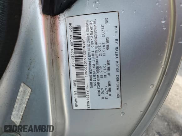 ✅ 2003 Mazda MX-5 Miata Cloth • VIN: JM1NB353630305964 • Lot: 58517505. Listed on Copart with 129,675 mi. Free auction sales archive from the USA and detailed vehicle history report at DreamBid. Image 12.