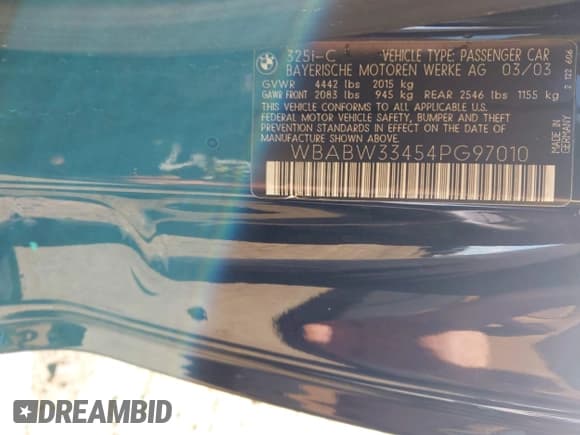 ✅ 2004 BMW 3 Series 325Ci • VIN: WBABW33454PG97010 • Lot: 43105536. Listed on IAAI with 142,283 mi. Free auction sales archive from the USA and detailed vehicle history report at DreamBid. Image 9.