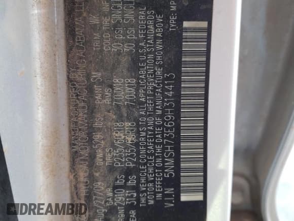 ✅ 2009 Hyundai Santa Fe Limited • VIN: 5NMSH73E69H314413 • Lot: 81471304. Listed on Copart with 251,780 mi. Free auction sales archive from the USA and detailed vehicle history report at DreamBid. Image 13.