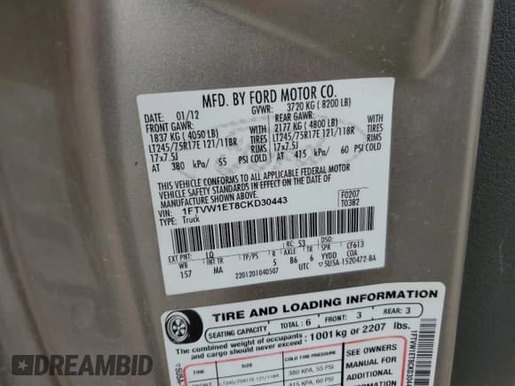 ✅ 2012 Ford F-150 XL • VIN: 1FTVW1ET8CKD30443 • Lot: 47775484. Wystawiony na Copart z przebiegiem 191 373 mil. Bezpłatny archiwum sprzedaży aukcyjnych z USA i szczegółowy raport historii pojazdu na DreamBid. Zdjęcie 12.