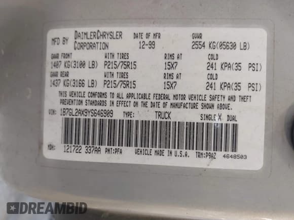 ✅ 2000 Dodge Dakota Sport • VIN: 1B7GL2AX9YS646909 • Lot: 42967254. Listed on IAAI with 251,189 mi. Free auction sales archive from the USA and detailed vehicle history report at DreamBid. Image 9.