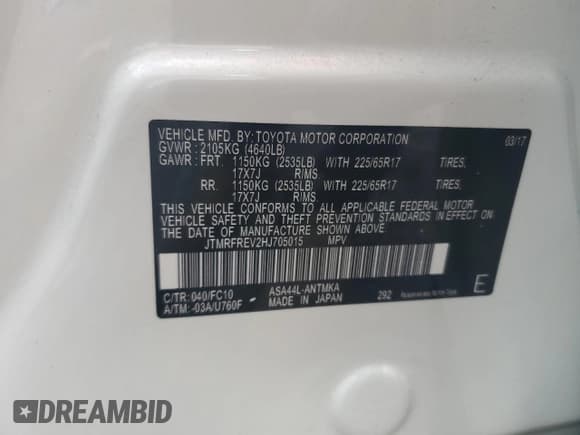 ✅ 2017 Toyota RAV4 XLE • VIN: JTMRFREV2HJ705015 • Лот: 82189695. Опубликован ранее на Copart с пробегом 94 888 миль. Бесплатный доступ к архиву аукционных продаж из США и подробный отчёт об истории автомобиля на DreamBid. Изображение 13.