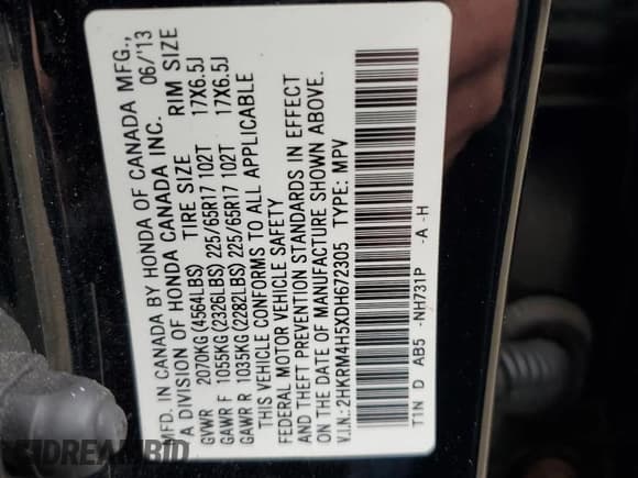 ✅ 2013 Honda CR-V EX • VIN: 2HKRM4H5XDH672305 • Lot: 86333635. Listed on Copart with 106,810 mi. Free auction sales archive from the USA and detailed vehicle history report at DreamBid. Image 13.