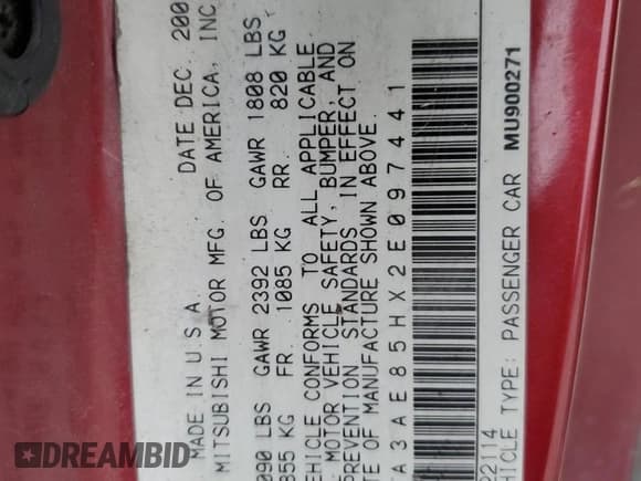 ✅ 2002 Mitsubishi Eclipse GT • VIN: 4A3AE85HX2E097441 • Lot: 50808705. Listed on Copart with 247,317 mi. Free auction sales archive from the USA and detailed vehicle history report at DreamBid. Image 12.