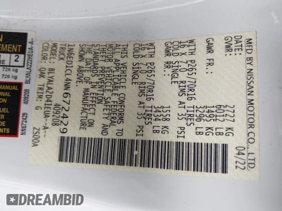 ✅ 2022 Nissan Frontier S • VIN: 1N6ED1CL4NN672429 • Lot: 42400328. Listed on IAAI with 46,824 mi. Free auction sales archive from the USA and detailed vehicle history report at DreamBid. Image 9.