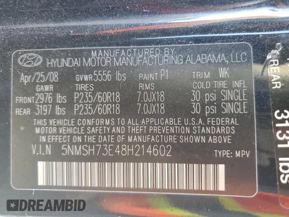 ✅ 2008 Hyundai Santa Fe SE • VIN: 5NMSH73E48H214602 • Lot: 70770444. Listed on Copart with 185,949 mi. Free auction sales archive from the USA and detailed vehicle history report at DreamBid. Image 13.