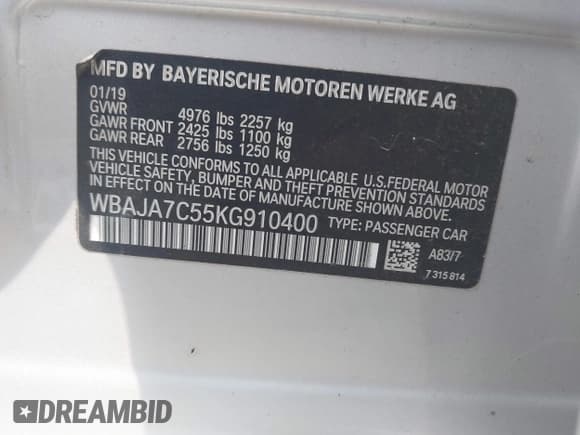 ✅ 2019 BMW 5 Series 530i xDrive • VIN: WBAJA7C55KG910400 • Lot: 42850313. Listed on IAAI with 50,566 mi. Free auction sales archive from the USA and detailed vehicle history report at DreamBid. Image 9.