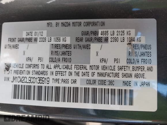 ✅ 2012 Mazda 5 Touring • VIN: JM1CW2CL9C0136919 • Lot: 42605103. Listed on IAAI with 119,656 mi. Free auction sales archive from the USA and detailed vehicle history report at DreamBid. Image 9.