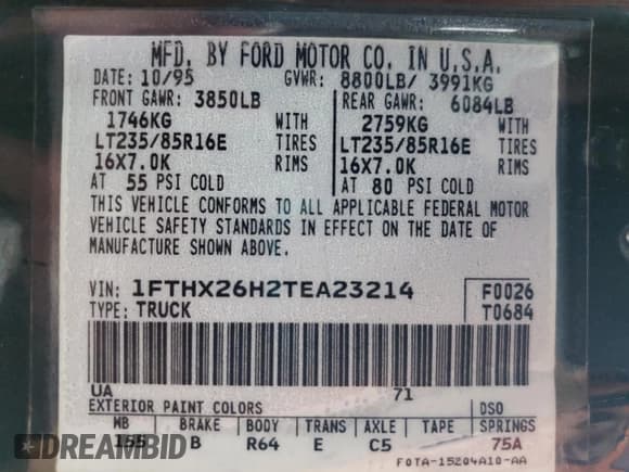 ✅ 1996 Ford F-250 • VIN: 1FTHX26H2TEA23214 • Lot: 56007115. Wystawiony na Copart z przebiegiem 187 372 mil. Bezpłatny archiwum sprzedaży aukcyjnych z USA i szczegółowy raport historii pojazdu na DreamBid. Zdjęcie 12.