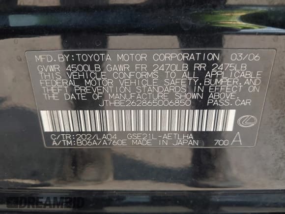 ✅ 2006 Lexus IS 350 • VIN: JTHBE262865006850 • Лот: 42933819. Опубликован ранее на IAAI с пробегом 171 265 миль. Бесплатный доступ к архиву аукционных продаж из США и подробный отчёт об истории автомобиля на DreamBid. Изображение 9.