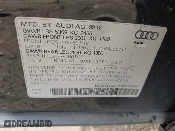 ✅ 2013 Audi Q5 Premium • VIN: WA1CFAFP7DA011254 • Lot: 43543257. Wystawiony na IAAI z przebiegiem 185 234 mil. Bezpłatny archiwum sprzedaży aukcyjnych z USA i szczegółowy raport historii pojazdu na DreamBid. Zdjęcie 9.