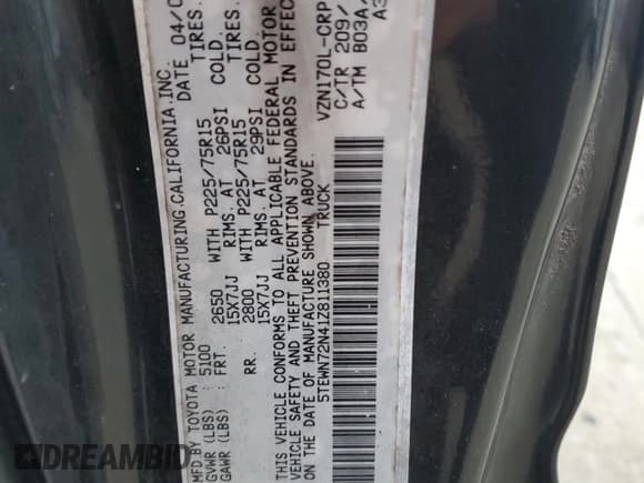 ✅ 2001 Toyota Tacoma • VIN: 5TEWN72N41Z811380 • Lot: 93242955. Listed on Copart with 265,839 mi. Free auction sales archive from the USA and detailed vehicle history report at DreamBid. Image 12.