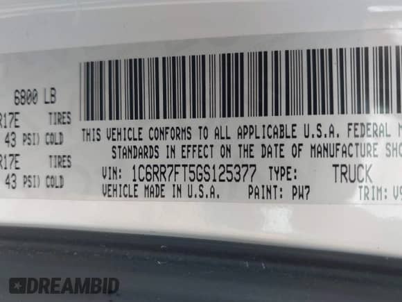 2016 Ram 1500 Express with VIN 1C6RR7FT5GS125377, listed as a IAAI auction lot 42434120 with 307,641 mi miles and . Bid and sale history available at DreamBid. Image 8.