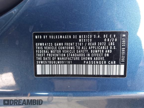 ✅ 2020 Volkswagen Jetta SEL • VIN: 3VWE57BU6LM091161 • Lot: 42459117. Listed on IAAI with 49,466 mi. Free auction sales archive from the USA and detailed vehicle history report at DreamBid. Image 9.