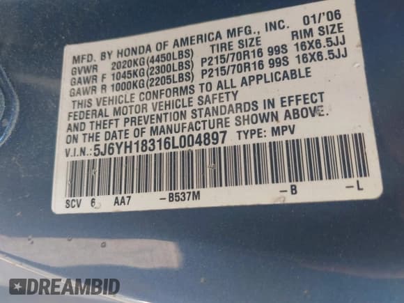 ✅ 2006 Honda Element LX • VIN: 5J6YH18316L004897 • Lot: 42763444. Listed on IAAI with 228,317 mi. Free auction sales archive from the USA and detailed vehicle history report at DreamBid. Image 9.