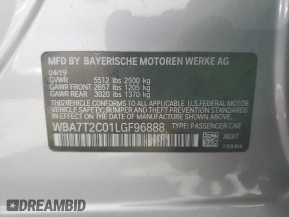 ✅ 2020 BMW 7 Series 740i • VIN: WBA7T2C01LGF96888 • Lot: 48492095. Listed on Copart with 55,287 mi. Free auction sales archive from the USA and detailed vehicle history report at DreamBid. Image 13.