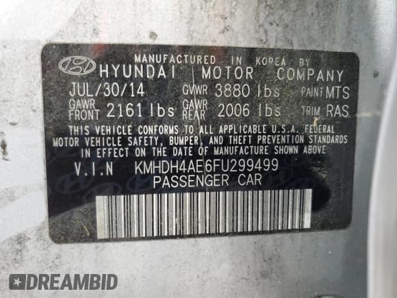 ✅ 2015 Hyundai Elantra SE • VIN: KMHDH4AE6FU299499 • Lot: 68856065. Listed on Copart with 125,186 mi. Free auction sales archive from the USA and detailed vehicle history report at DreamBid. Image 12.