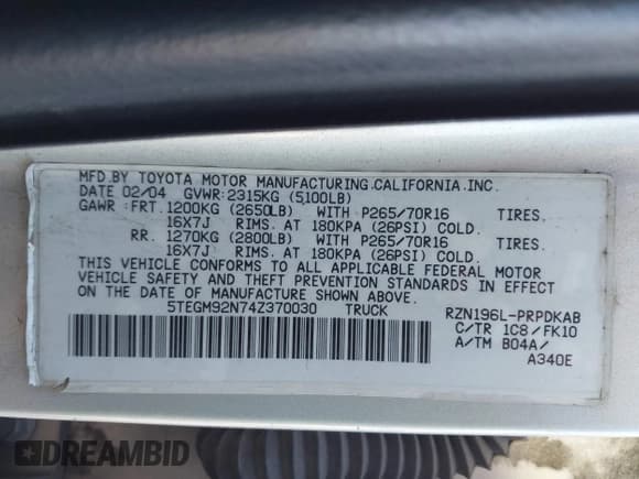✅ 2004 Toyota Tacoma PreRunner • VIN: 5TEGM92N74Z370030 • Lot: 43864706. Listed on IAAI with 348,118 mi. Free auction sales archive from the USA and detailed vehicle history report at DreamBid. Image 9.