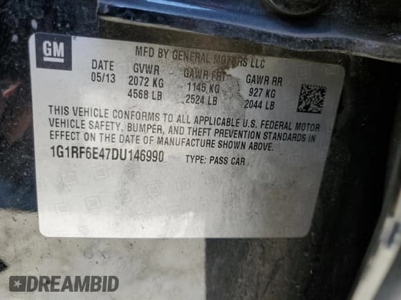 ✅ 2013 Chevrolet Volt • VIN: 1G1RF6E47DU146990 • Lot: 67827205. Listed on Copart with 184,972 mi. Free auction sales archive from the USA and detailed vehicle history report at DreamBid. Image 13.