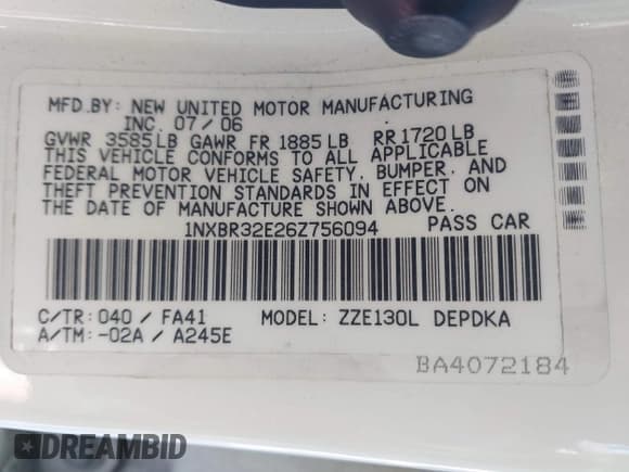 ✅ 2006 Toyota Corolla CE • VIN: 1NXBR32E26Z756094 • Lot: 43651898. Listed on IAAI with 231,326 mi. Free auction sales archive from the USA and detailed vehicle history report at DreamBid. Image 9.