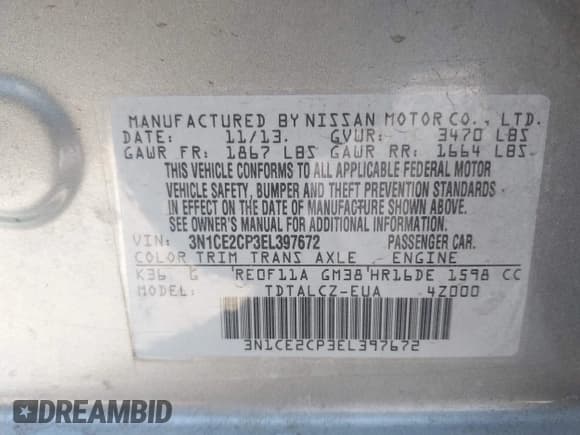 ✅ 2014 Nissan Note SV • VIN: 3N1CE2CP3EL397672 • Lot: 42772572. Listed on IAAI with 117,789 mi. Free auction sales archive from the USA and detailed vehicle history report at DreamBid. Image 9.