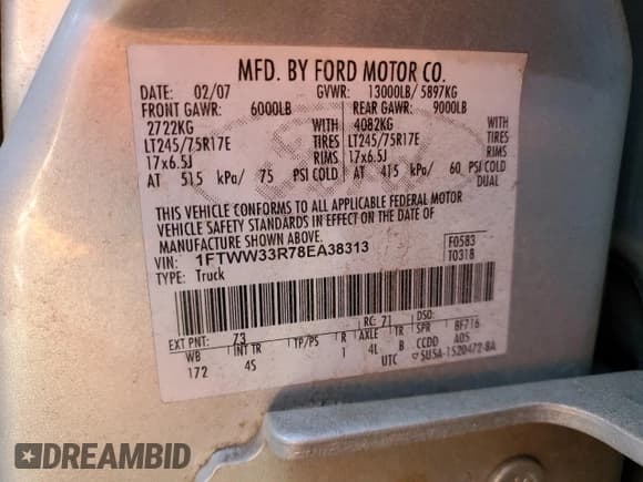 ✅ 2008 Ford F-350 XL • VIN: 1FTWW33R78EA38313 • Лот: 84060525. Опубликован ранее на Copart с пробегом Не указан. Бесплатный доступ к архиву аукционных продаж из США и подробный отчёт об истории автомобиля на DreamBid. Изображение 12.