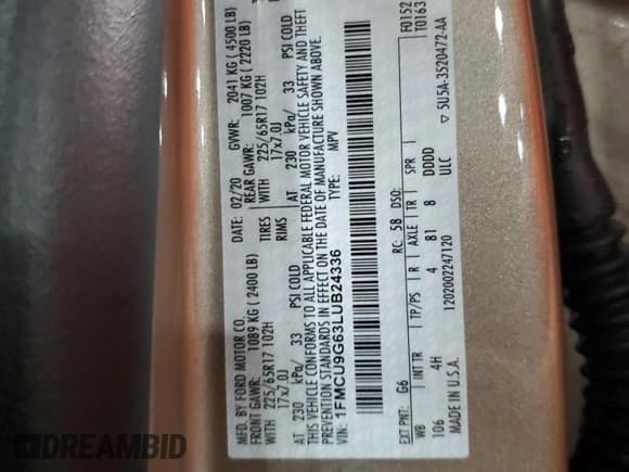 ✅ 2020 Ford Escape SE • VIN: 1FMCU9G63LUB24336 • Lot: 86892125. Listed on Copart with 69,704 mi. Free auction sales archive from the USA and detailed vehicle history report at DreamBid. Image 14.