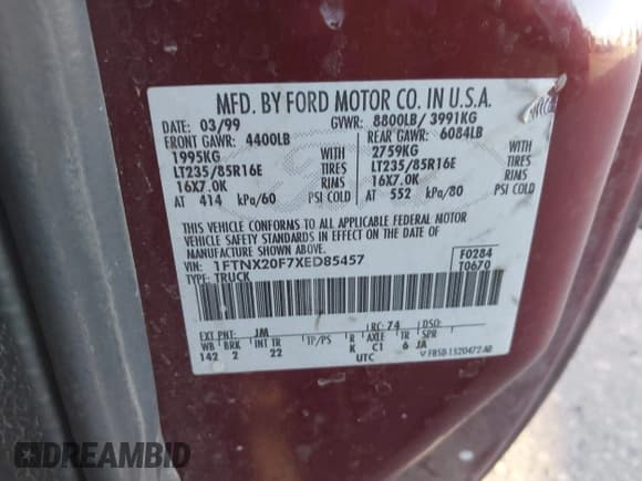 ✅ 1999 Ford F-250 XL • VIN: 1FTNX20F7XED85457 • Lot: 40805094. Listed on IAAI with 274,612 mi. Free auction sales archive from the USA and detailed vehicle history report at DreamBid. Image 9.