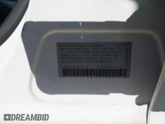 ✅ 2007 Volkswagen Golf GTI • VIN: WVWHV71K27W251123 • Lot: 42343518. Listed on IAAI with Not provided. Free auction sales archive from the USA and detailed vehicle history report at DreamBid. Image 9.