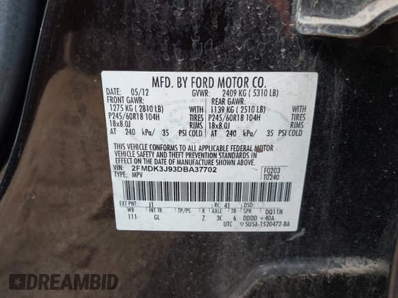 ✅ 2013 Ford Edge SEL • VIN: 2FMDK3J93DBA37702 • Lot: 43786833. Listed on IAAI with 146,924 mi. Free auction sales archive from the USA and detailed vehicle history report at DreamBid. Image 9.