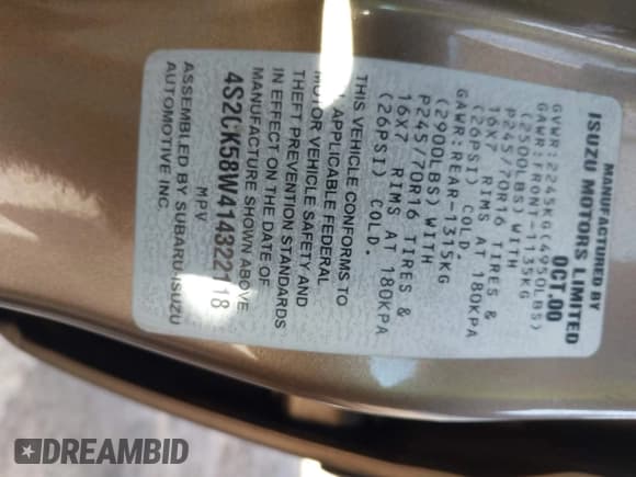 ✅ 2001 Isuzu Rodeo S • VIN: 4S2CK58W414322118 • Лот: 41496624. Опубликован ранее на IAAI с пробегом 244 189 миль. Бесплатный доступ к архиву аукционных продаж из США и подробный отчёт об истории автомобиля на DreamBid. Изображение 9.