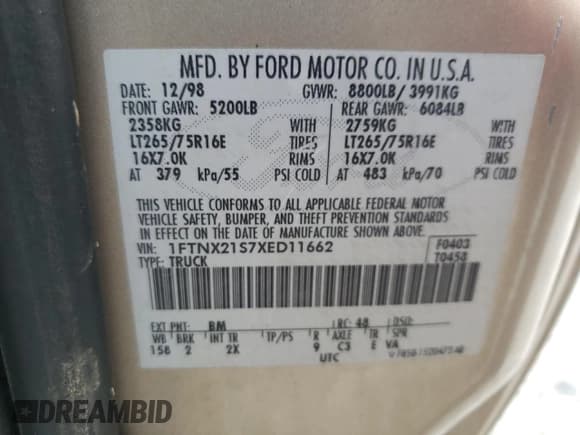 ✅ 1999 Ford F-250 XL • VIN: 1FTNX21S7XED11662 • Lot: 62318795. Wystawiony na Copart z przebiegiem 138 819 mil. Bezpłatny archiwum sprzedaży aukcyjnych z USA i szczegółowy raport historii pojazdu na DreamBid. Zdjęcie 12.