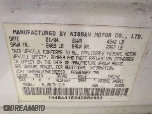 ✅ 2004 Nissan Maxima SL • VIN: 1N4BA41E24C882953 • Lot: 42128172. Listed on IAAI with 190,413 mi. Free auction sales archive from the USA and detailed vehicle history report at DreamBid. Image 9.