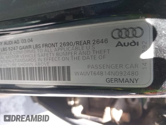 ✅ 2004 Audi A6 • VIN: WAUVT64B14N092480 • Lot: 42455439. Listed on IAAI with Not provided. Free auction sales archive from the USA and detailed vehicle history report at DreamBid. Image 9.