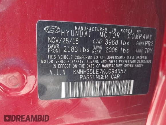 ✅ 2019 Hyundai Elantra • VIN: KMHH35LE7KU094657 • Lot: 42083354. Listed on IAAI with 97,171 mi. Free auction sales archive from the USA and detailed vehicle history report at DreamBid. Image 9.