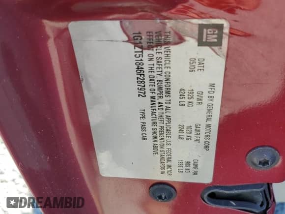 2006 Chevrolet Malibu 2LT with VIN 1G1ZT51846F287972, listed as a Copart auction lot 74553054 with Not provided miles and Salvage title. Bid and sale history available at DreamBid. Image 13.