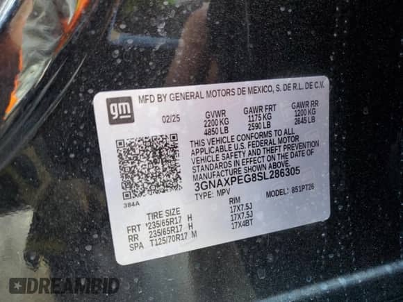 2025 Chevrolet Equinox AWD LT z VIN 3GNAXPEG8SL286305, wystawiony jako Copart lot #54156665 z przebiegiem Nie podano mil oraz Szkoda całkowita • Salvage title. Historia ofert i sprzedaży dostępna na DreamBid. Obrazek 12.