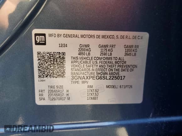 2025 Chevrolet Equinox AWD LT с VIN 3GNAXPEG6SL225017, выставлен на аукционе Copart как лот 59279755 с пробегом 4 930 миль миль и Списание • Salvage title. История ставок и продаж доступна на DreamBid. Изображение 13.